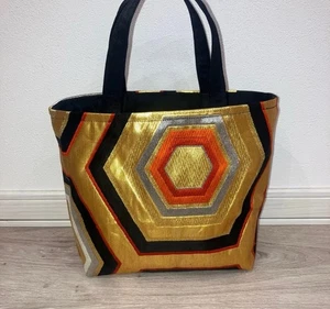Fukuro Obi Tote Bag Gold Black Red Hexagon Japanese Pure Silk Handmade - Picture 1 of 4