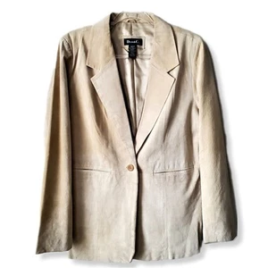 Women Beige Suede Leather Jacket Blazer L Western Tailored Fall Country Neutral - Picture 1 of 13