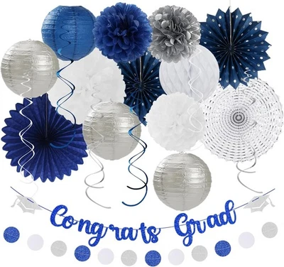 2026 Congrats Graduation Congrate Gard Azul Marino Blanco-Plata  Foto 1 de 4