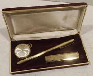 vergoldeter Kugelschreiber,Feuerzeug  Berendsohn +Taschenuhr Lovary in Etui - Bild 1 von 4