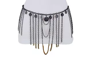 Women Pewter Black Metal Ethnic Fashion Belt Hip High Waist Coin Charms XS S M - Picture 1 of 12