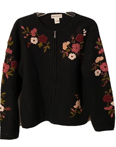 Moonlight Bay Zip Front BlackLong Sleeve Floral WooL Cardigan Size M Med SB1 - Picture 1 of 6