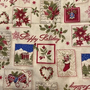 Material de tela Happy Holidays adornos rojo azul acebo flores 44 X 68 - Imagen 1 de 7