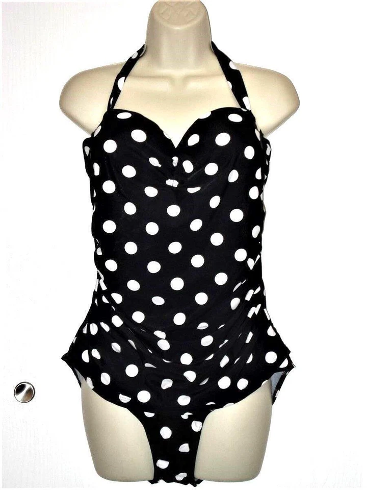 Traje de baño CoCo Ship talla 5XL Halter Rockabilly negro blanco lunares una pieza Foto 1 de 1