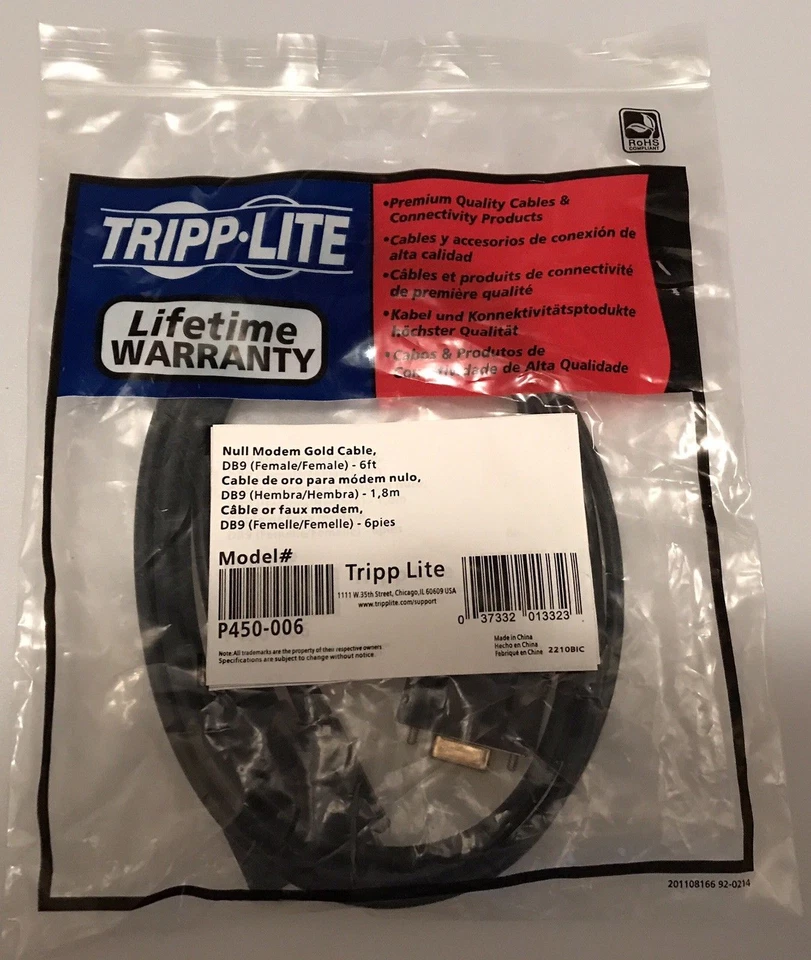 Brand New Tripp Lite Null Modem Serial RS232 Cable DB9 F/F 6-ft. P450-006 GOLD - Image 1 of 1