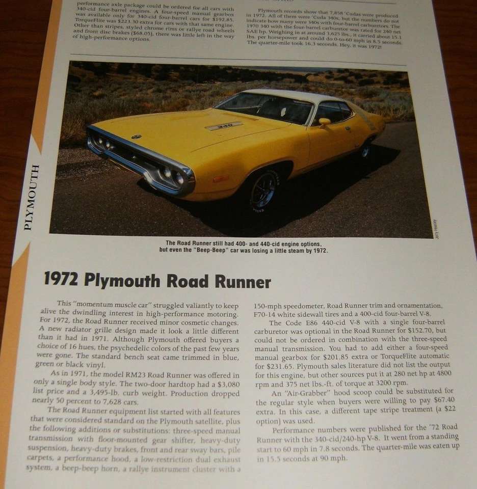 1972 PLYMOUTH ROAD RUNNER SPECS INFO PHOTO 72 400 440 ROADRUNNER★★ - Image 1 of 1