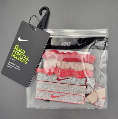 NEW Nike Mixed Ponytail Holders Hairbands 6 Pack Pink Stretchy Secure Hold - Image 1 of 4