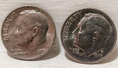 US Roosevelt 1 Dime Coin 1977 1995 lot of 2 small coins Collectible size 17 mm Cover