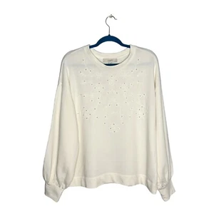 NWT LOFT White Floral Eyelet Pullover Balloon Sleeve Knit Blouse Top Size Large - Picture 1 of 12