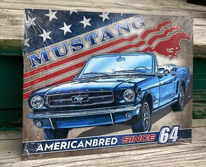Ford Mustang American Bred Since 64 TIN SIGN metal blue US Flag vtg garage decor - Picture 1 of 5
