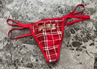 NWT VICTORIA'S SECRET PINK SMALL RED PLAID DOUBLE STRAPPY RARE V STRING PANTIES - Image 1 of 4
