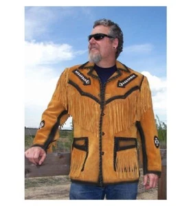 Men Suede Western Cowboy Leather Jacket Fringes & Bead Work - Golden Brown - Picture 1 of 3