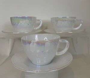 Federal USA Glass Moonglow Diamond Point Iridescent Tea Cups x 3 - Picture 1 of 11