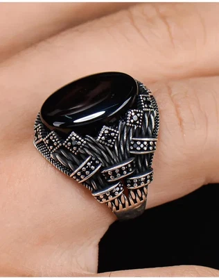 AAA QUALITY SOLID STERLING 925 SILVER MEN'S JEWELRY BLACK AGATE RING - Image 1 of 4