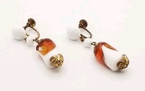 Dangle Screw-Back Earrings Porcelain & Glass Art Beads Antique Brass Setting  - Picture 1 of 6