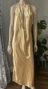 Y2K Victoria's Secret Gold Satin Long Nightgown Halter Slip Dress Sz M Open Back - Picture 1 of 8