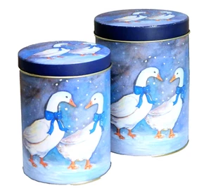 Vintage Tin Metal Boxes Blue White Geese Canisters 2 - Picture 1 of 7