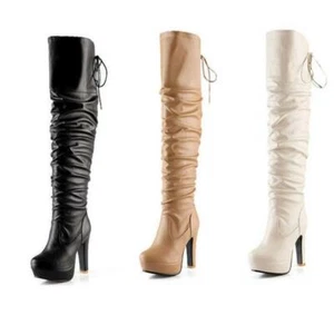 Women Back Lace Up Winter High Heel Platform Over The Knee High Thigh Boots - Picture 1 of 16