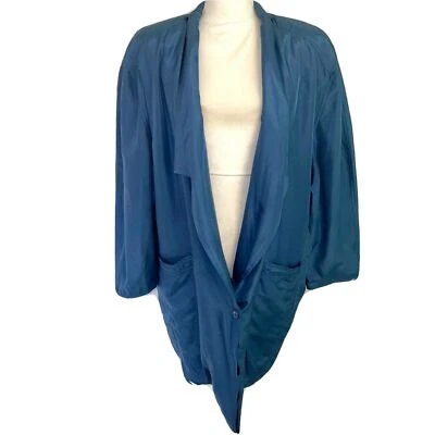 Info USA Jacket Vintage Womens Large Blue Silk French Oversized Cotton Lined Mod - Image 1 of 4