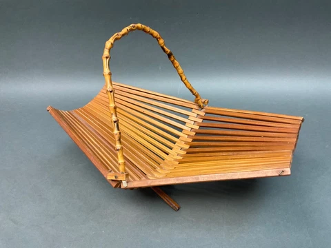 Vintage Japanese Folding Basket MCM  wood Bamboo Handle bread, fruit, Veg  1960s Cover