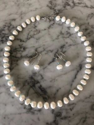 $295 Hawaiian Natural Pearl Turquoise Blue Green Seaglass Necklace Earring Set - Image 1 of 4