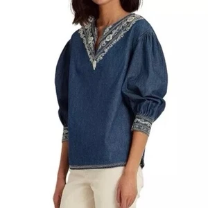 NWT Ralph Lauren Chambray Embroidered Floral Denim Balloon Sleeve Shirt Sz L - Picture 1 of 18