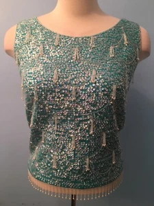 VTG 60'S TURQUOISE BEADED COCKTAIL FORMAL EVENING SLEEVELESS TOP HANDMADE SZ M-L - Picture 1 of 12