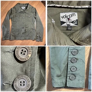Volcom Lock n’ Load Sz Small Military Jacket Fitted Logo Olive Green Stretch EUC - Picture 1 of 21