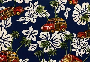 Hawaiian Print Fabric - Antique Car, Hibiscuses, and Palm Trees - 43” wide - Picture 1 of 1