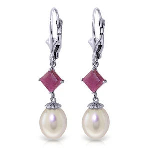 9.5 Carat 14K Solid White Gold Leverback Earrings Natural pearl Ruby - Picture 1 of 3