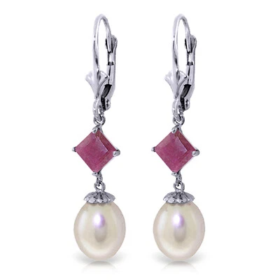 9.5 Carat 14K Solid White Gold Leverback Earrings Natural pearl Ruby - Image 1 of 3
