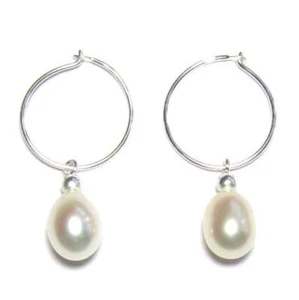 Pendientes de aro de alambre de plata 925 perla blanca cultivada genuinos de 7-8 mm AAA - Imagen 1 de 1