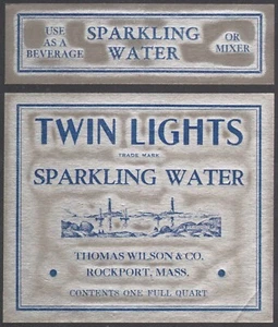 Vintage soda pop bottle label TWIN LIGHTS SPARKLING WATER lighthouse Rockport MA - Picture 1 of 2