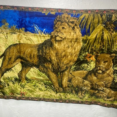 VTG Majestic Lion Family Regal Scene Velvet Velour Tapestry Wall Hanging Carpet - Image 1 of 4
