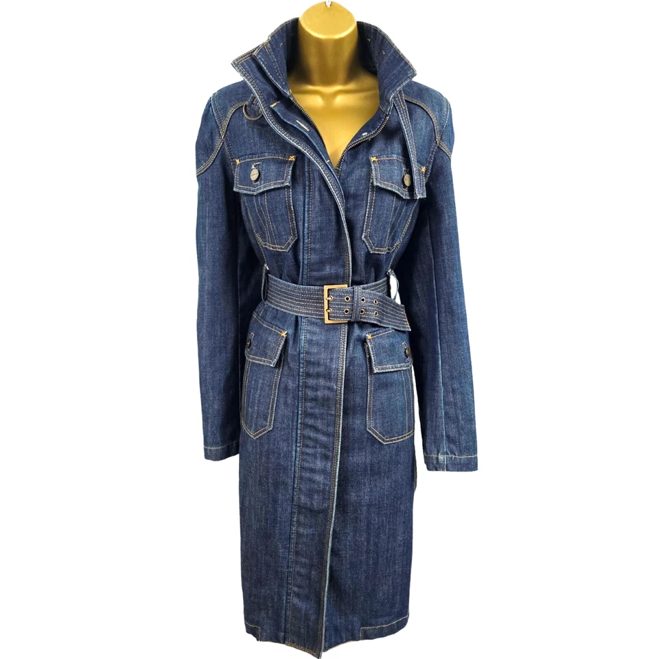 KAREN MILLEN 10 UK VINTAGE DENIM CREMALLERA CINTURÓN MILITAR LARGO GABARDINA CHAQUETA MAC Foto 1 de 4