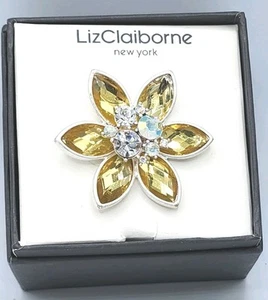 Liz Claiborne New York Citrine & AB Flower Pin Brooch Silvertone 2" In Box - Picture 1 of 8