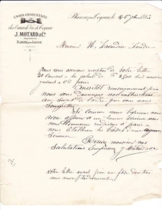 1880's J Motard & Co Brandy Cognac France Paper Billhead Letter - Picture 1 of 2