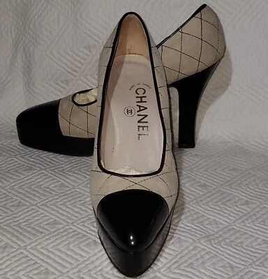 CHANEL Vintage Size 37 Quilted Cap Toe Heels BEIGE Suede BLACK Patent PUMPS - Image 1 of 4