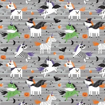 Fabric Halloween Unicorns on Grey Camelot Cotton 1/4 Yard 1101-1