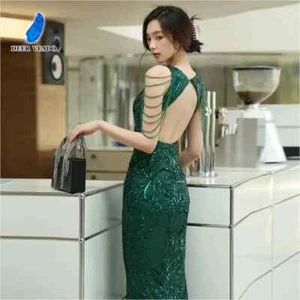 Women Backless Evening Dress Luxury Beading Party Maxi Dress Elegant Formal Gown - Picture 1 of 22