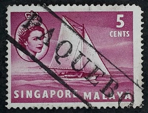 1955- Singapore red purple 5c QE2 stamp Paquebot cancel - Picture 1 of 2
