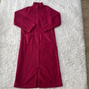 LL Bean Robe Womens Medium Red Winter Fleece Housecoat Full Zip Pockets Belted - Picture 1 of 16