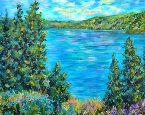 Gone Fishing ACEO - Lake Flowers Themed, Artist Trading Card 2.5x3.5 Mini Print - Picture 1 of 3