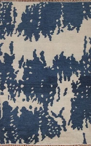 Abstract Modern Moroccan Ivory/ Navy Blue Area Rug 5'x8' Wool Hand-made Carpet - Picture 1 of 12