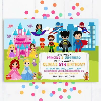 SUNSHINE PARTY UK Personalised Princess Superhero Party Invitations, Birthday Invites, pack of 10