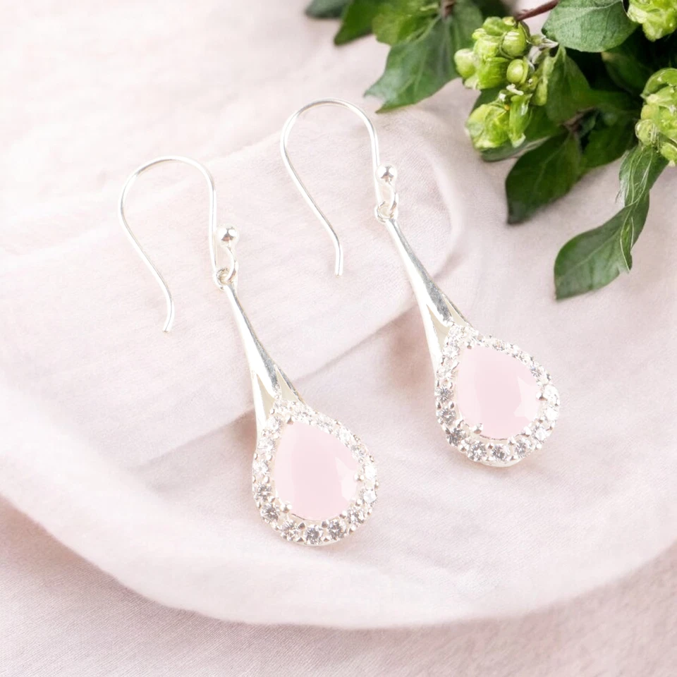 Rose Chalcedony Cubic Zirconia Gemstone Dangle Earrings 925 Sterling Silver - Image 1 of 4