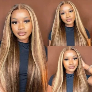 Indian Highlight Honey Blonde Kinky Yaki Straight 13x4 Lace Front Human Hair Wig - Picture 1 of 9