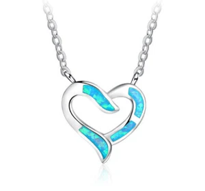 E05 Herz mit blauem Feueropal Sterling Silber 925 Collier Anhänger und Kette - Bild 1 von 5
