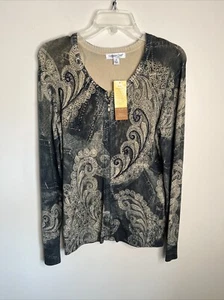 Coldwater Creek Women's M Long Sl Beaded Paisley Black & Taupe Zip Cardigan NWT - Picture 1 of 9