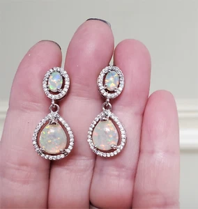 Elegant Oval Tear Drop Opal CZ White Stone 925 Sterling Silver Dangle Earrings - Picture 1 of 5